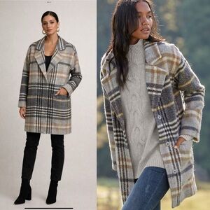 Andean‎ Plaid Alpaca and Wool Blend Coat – Gray, Camel & Mustard – Size M Retro